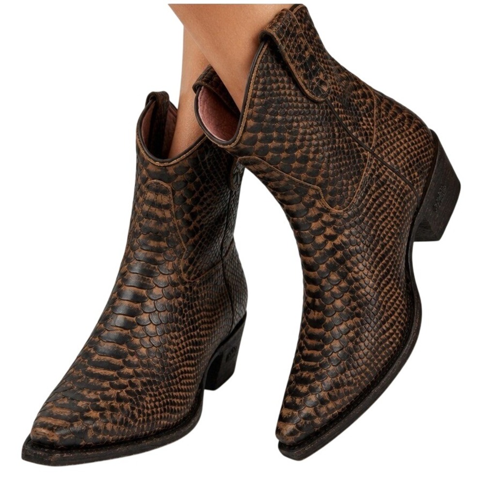 Miss Macie Brown Snakeskin Print Leather Western Ankle Boots Womens 10M Snip Toe